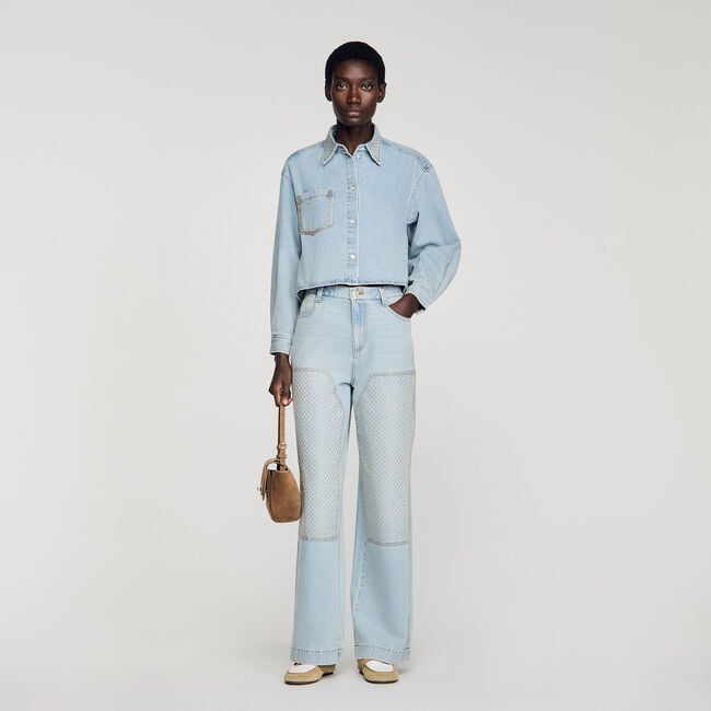 Chemise courte en jean strass&eacute;e