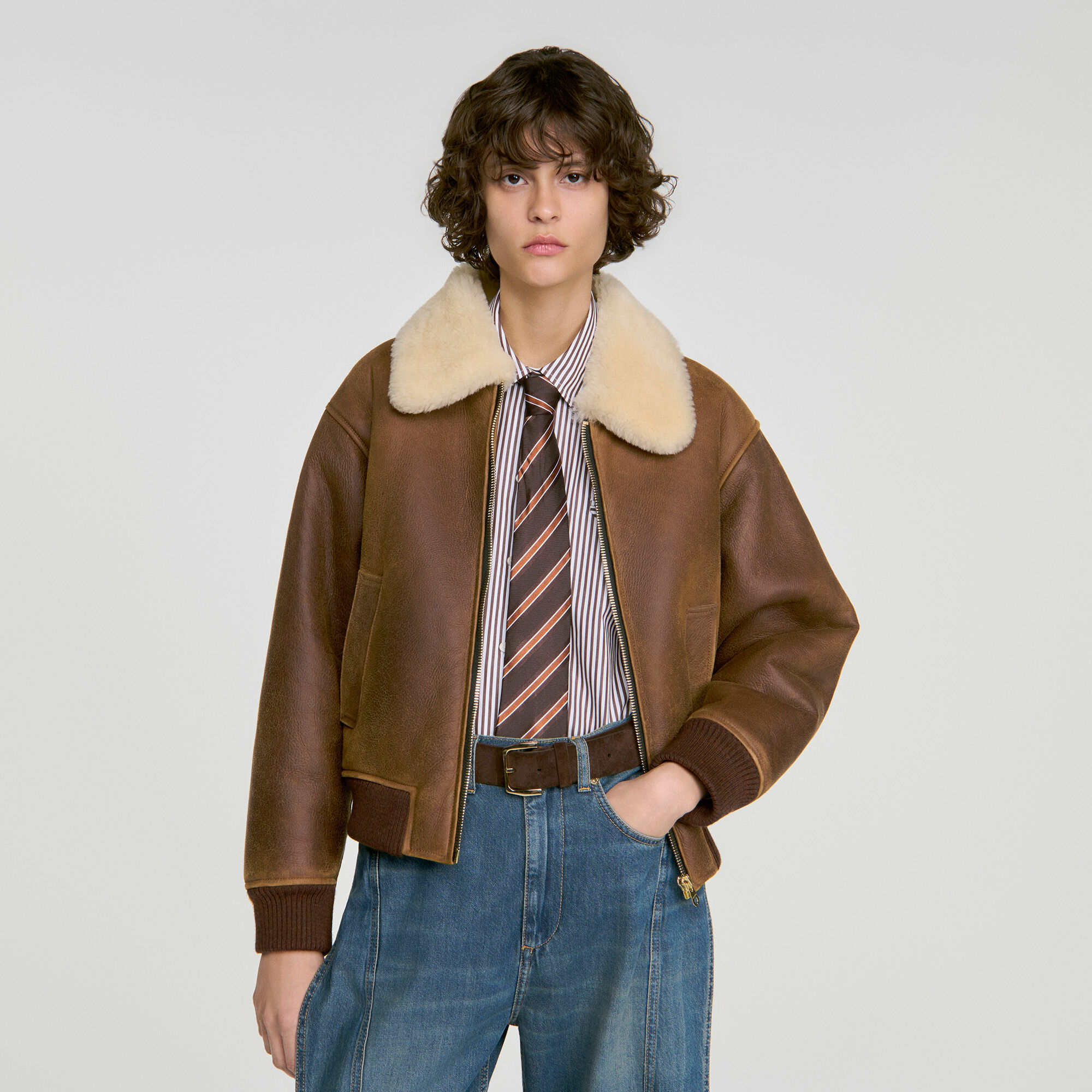 Blouson zipp&eacute; peau lain&eacute;e - Femme | Sandro