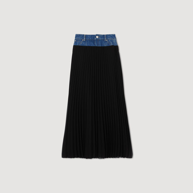 Long pleated denim skirt