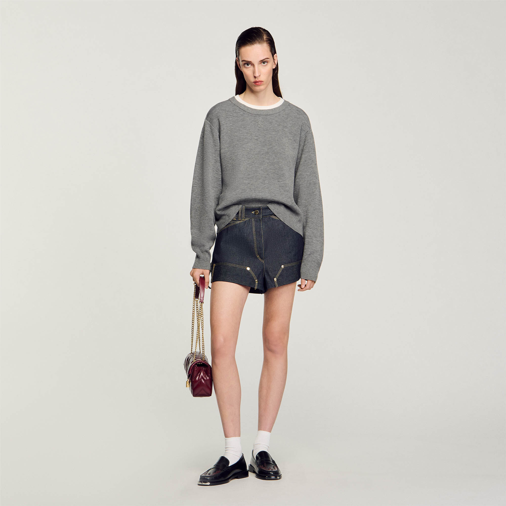 Jupe short plissee gris noir pour femme Sandro Paris