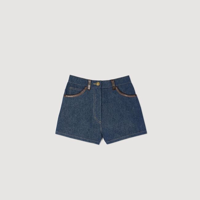 Shorts aus Jeansstoff mit Lederdetails