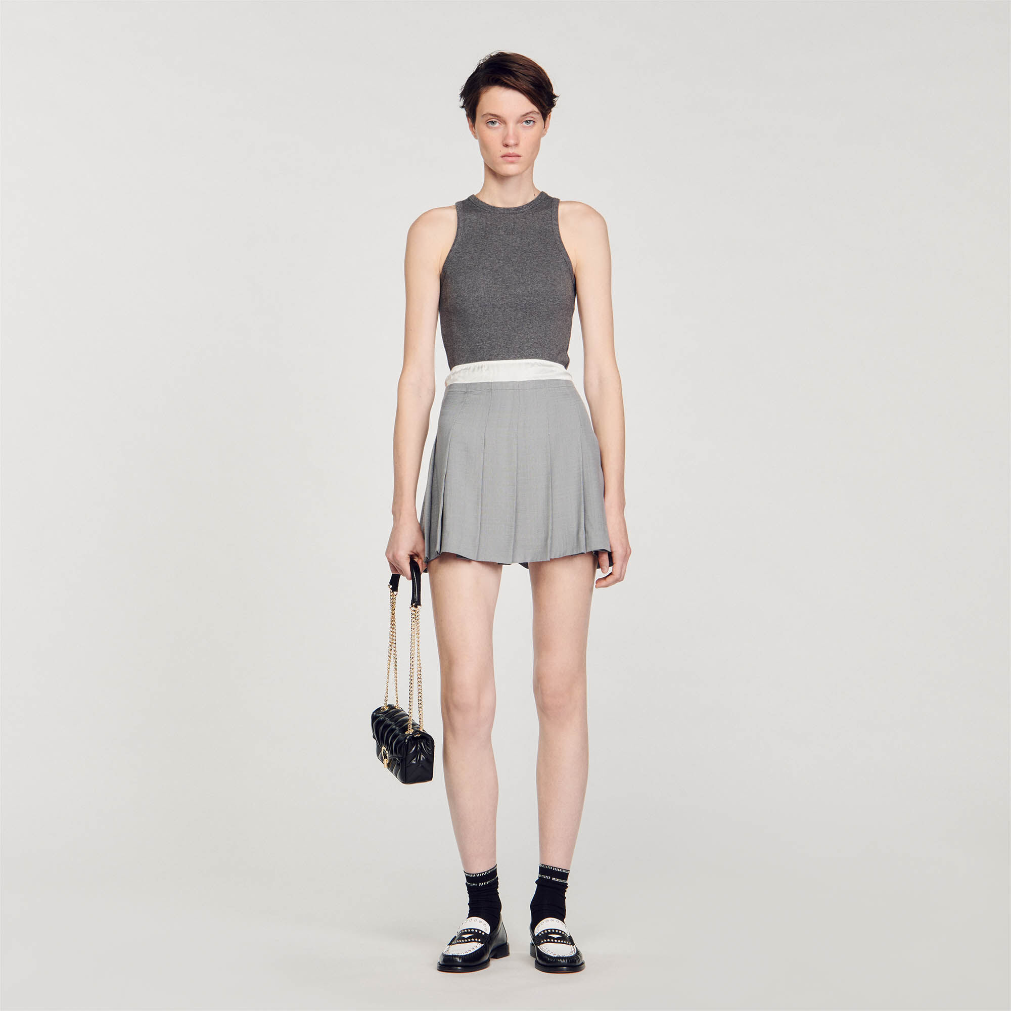 Jupe courte plissee gris noir pour femme Sandro Paris
