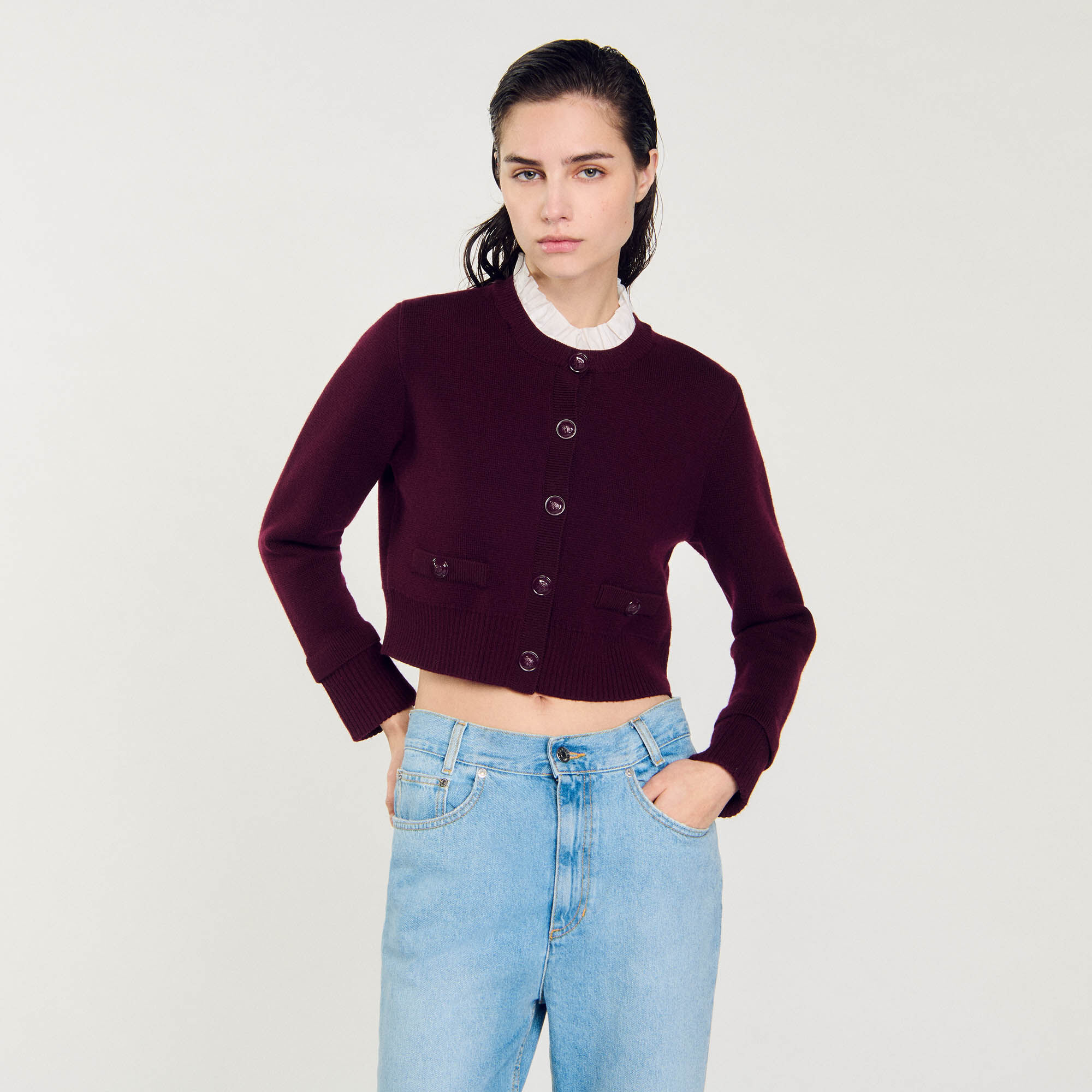 Knit cardigan with ruffled collar