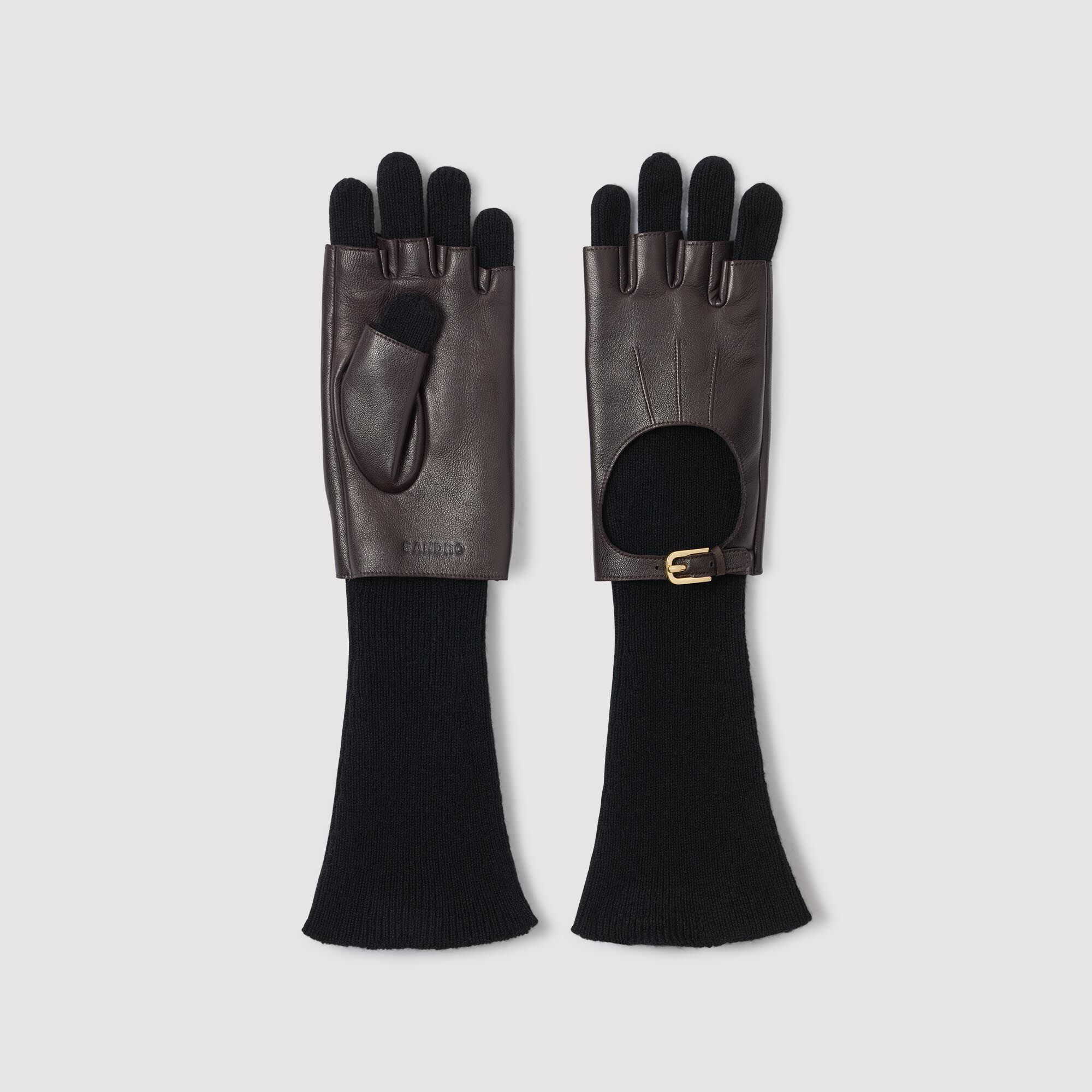 Long knit and leather gloves