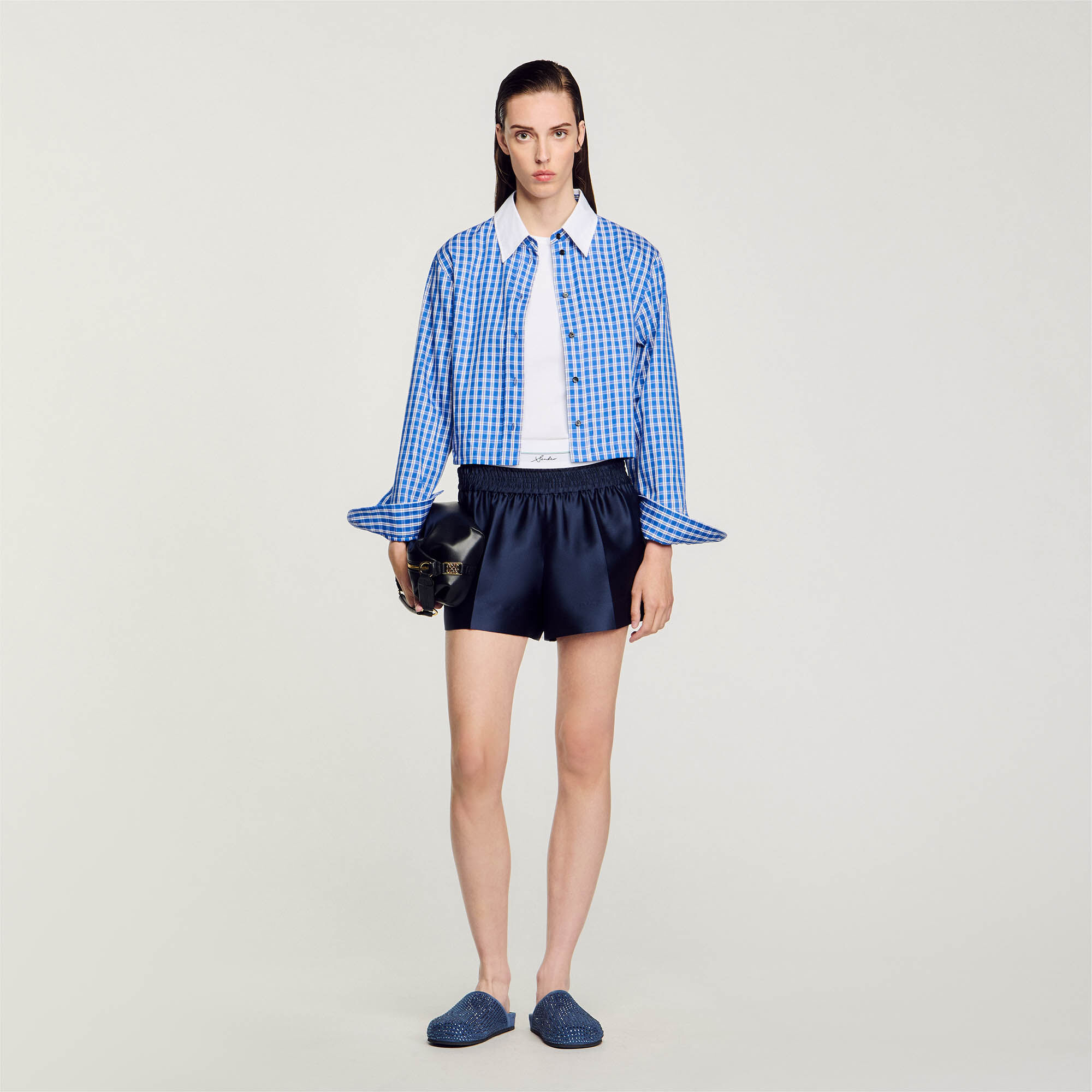 Short 2 en 1 en satin bleu pour femme Sandro Paris