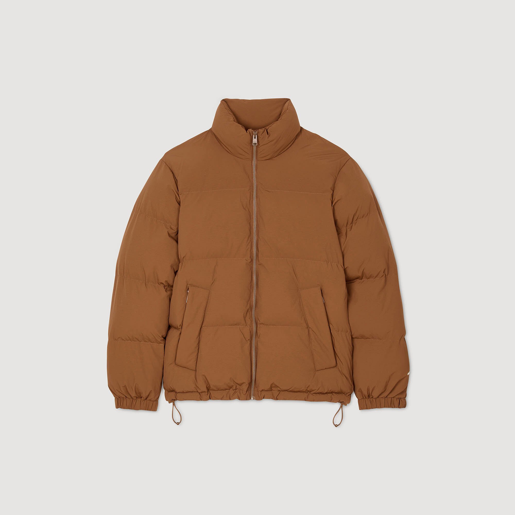 Hooded puffer with high collar