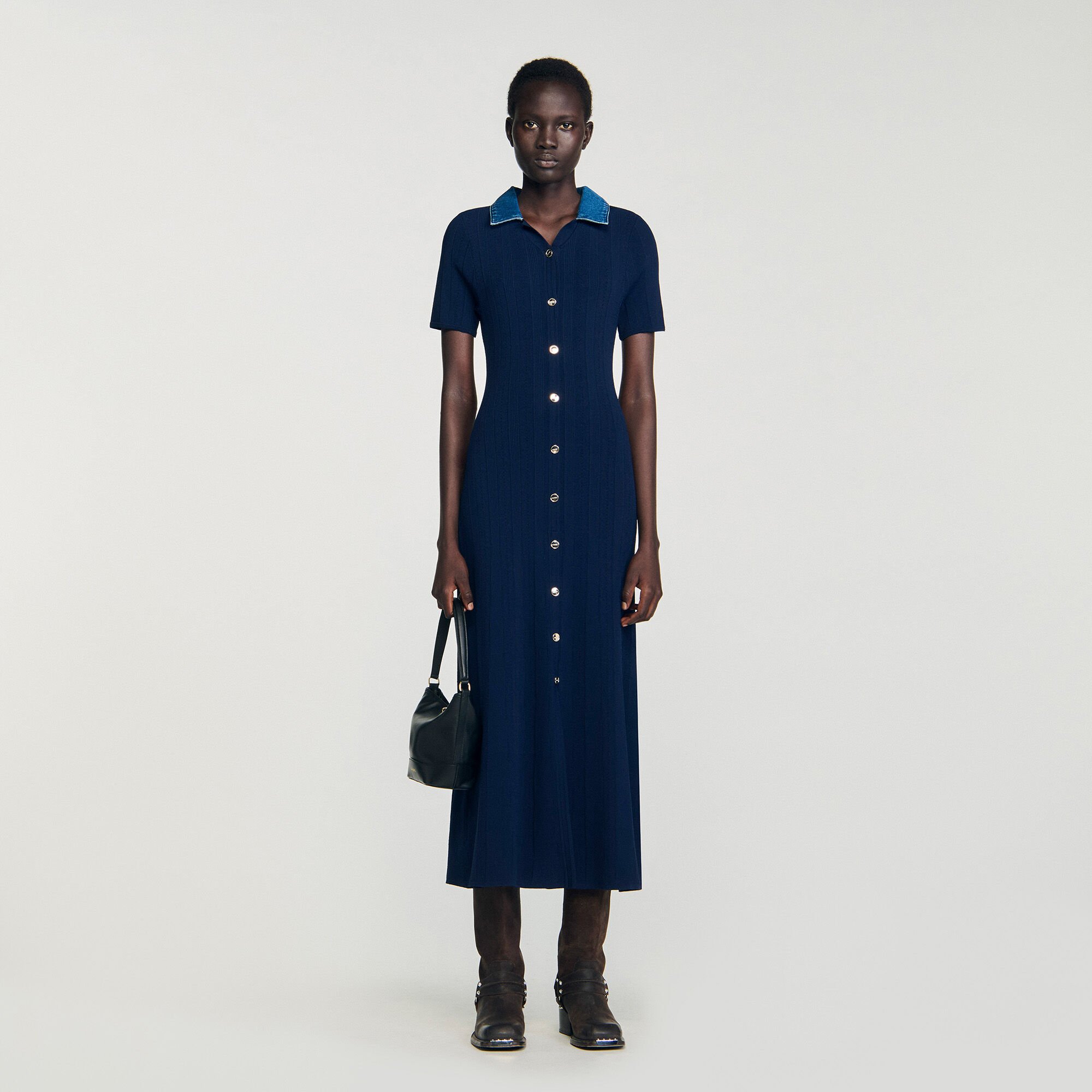 Robe longue maille col denim