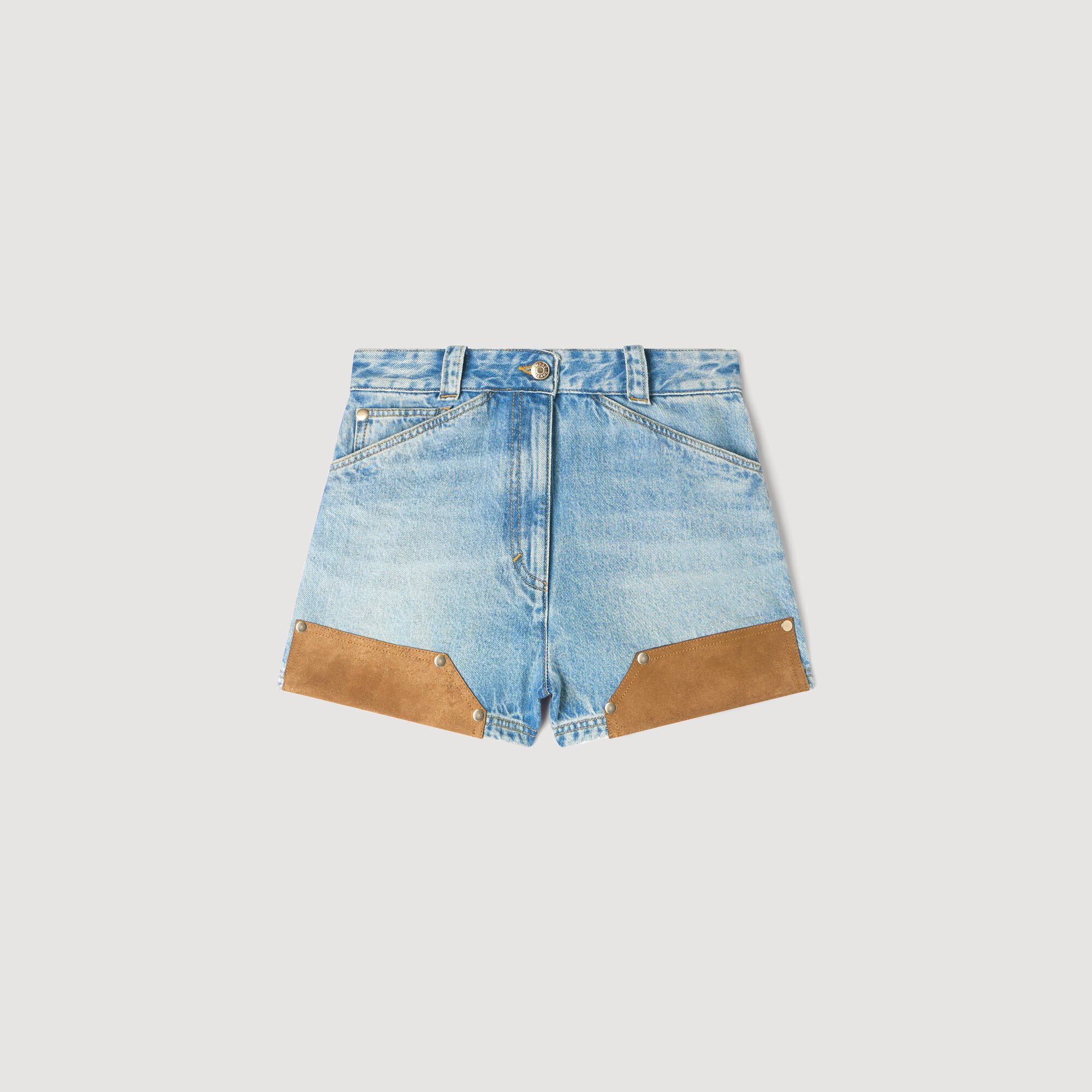 Short en denim et suede &agrave; rivets 