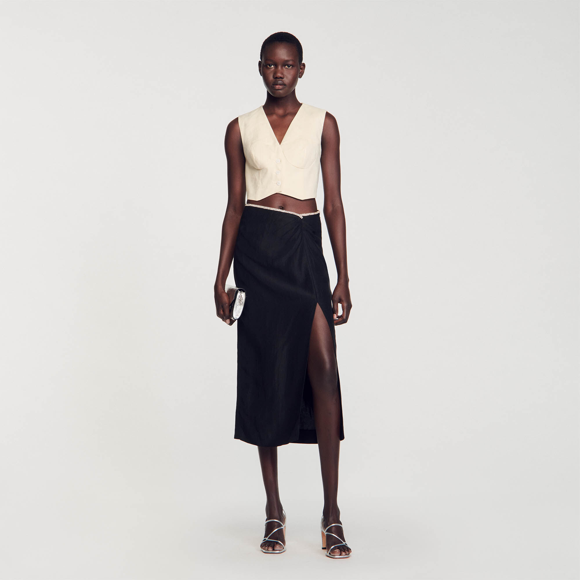 Jupe fendue strassee gris noir pour femme Sandro Paris
