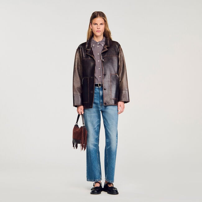 Oversize-Lederblouson mit Nieten