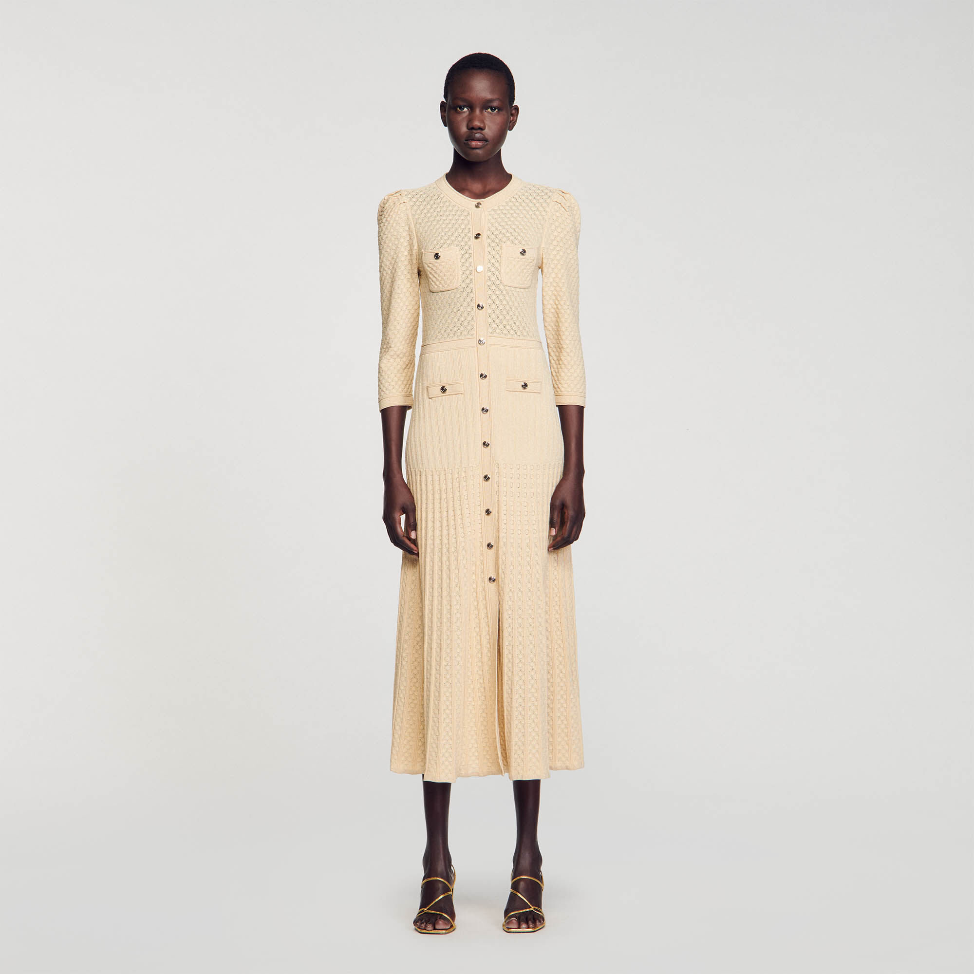 Pointelle knit midi dress yellow orange For Women Sandro Paris