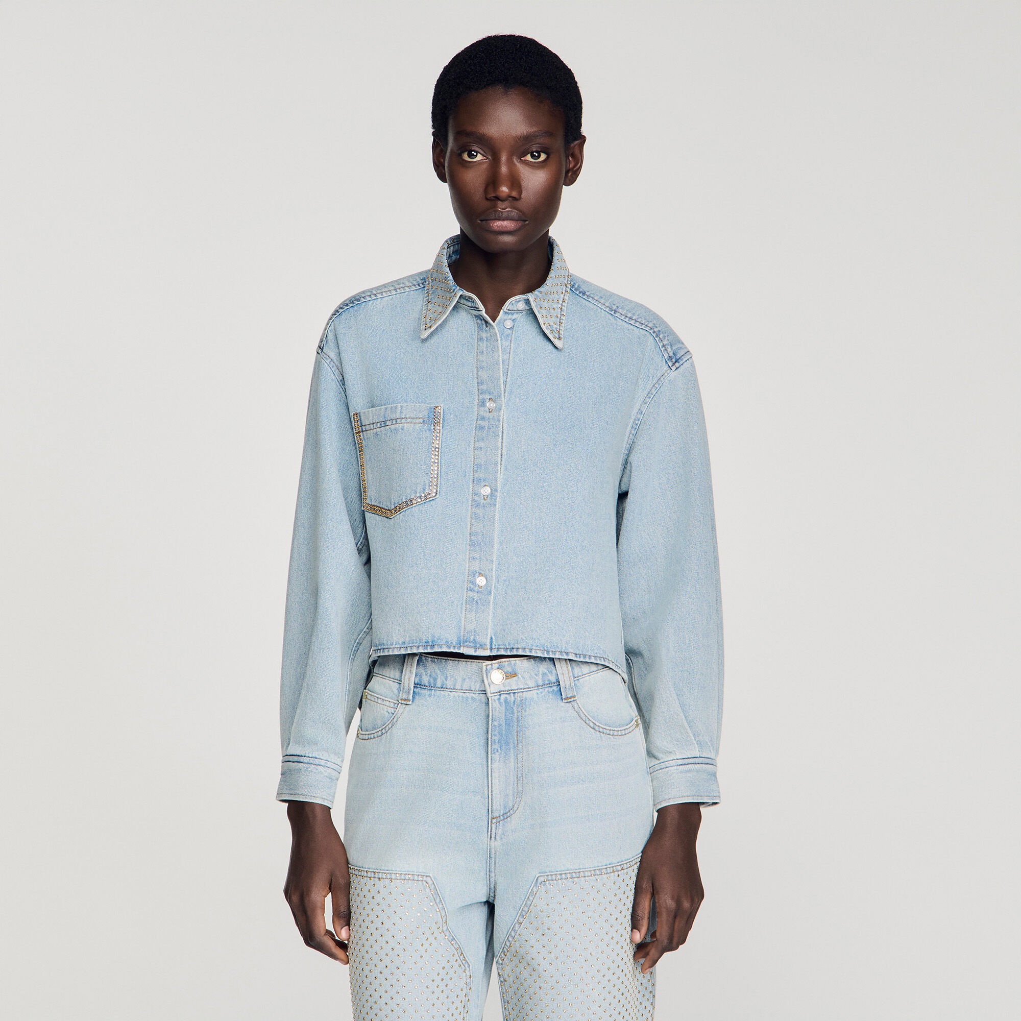 Rhinestone cropped denim shirt