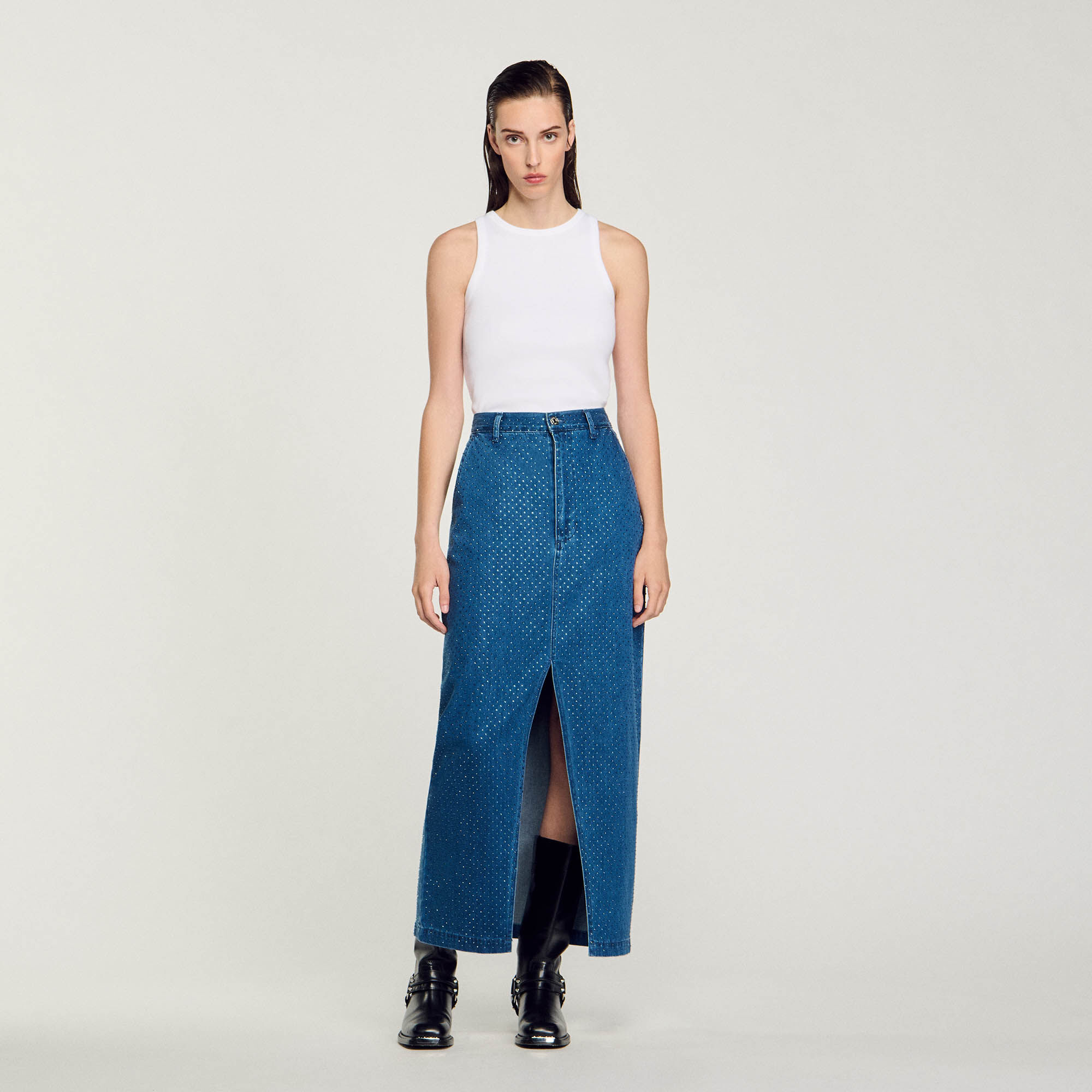 Langer Jeansrock mit Strassbesatz