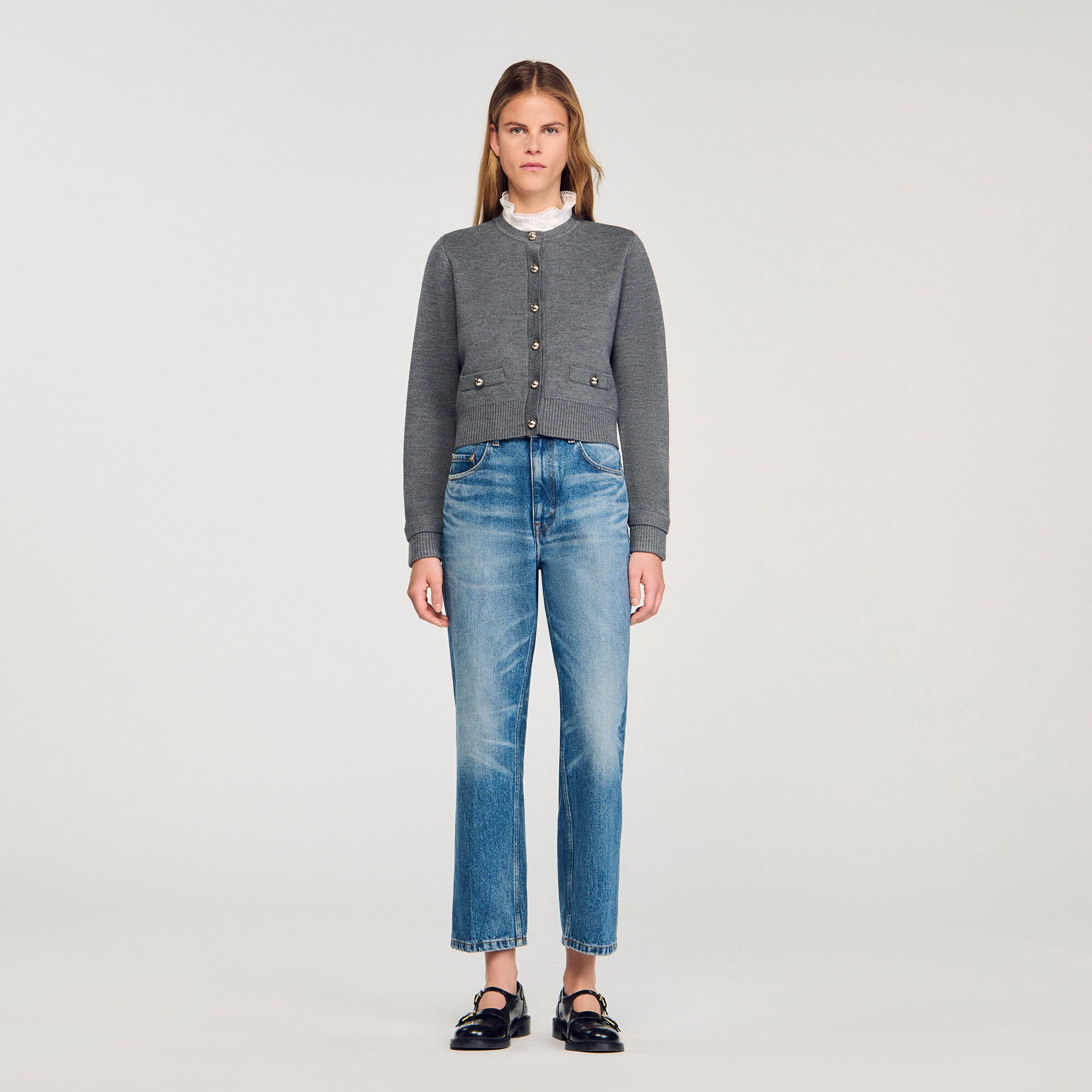 Cardigan à col volanté amovible