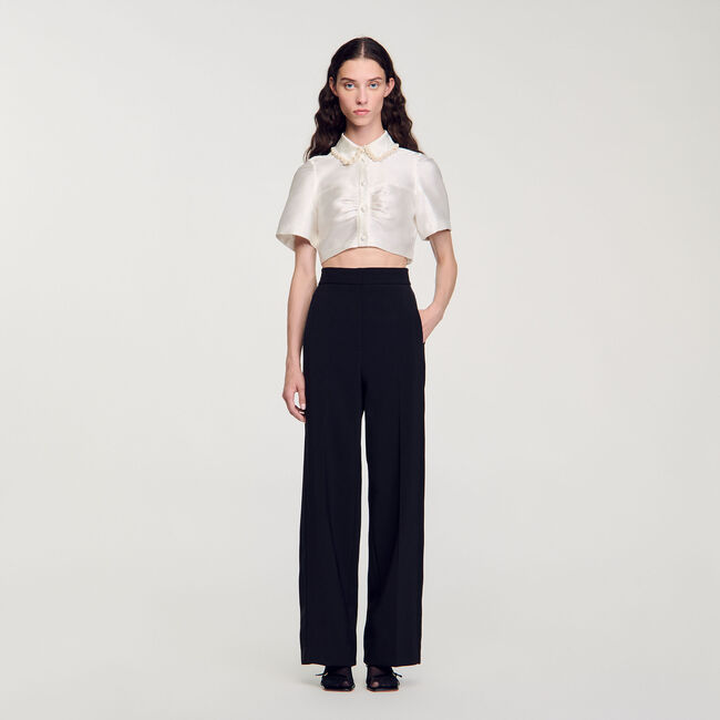 Beaded satin-effect cropped shirt