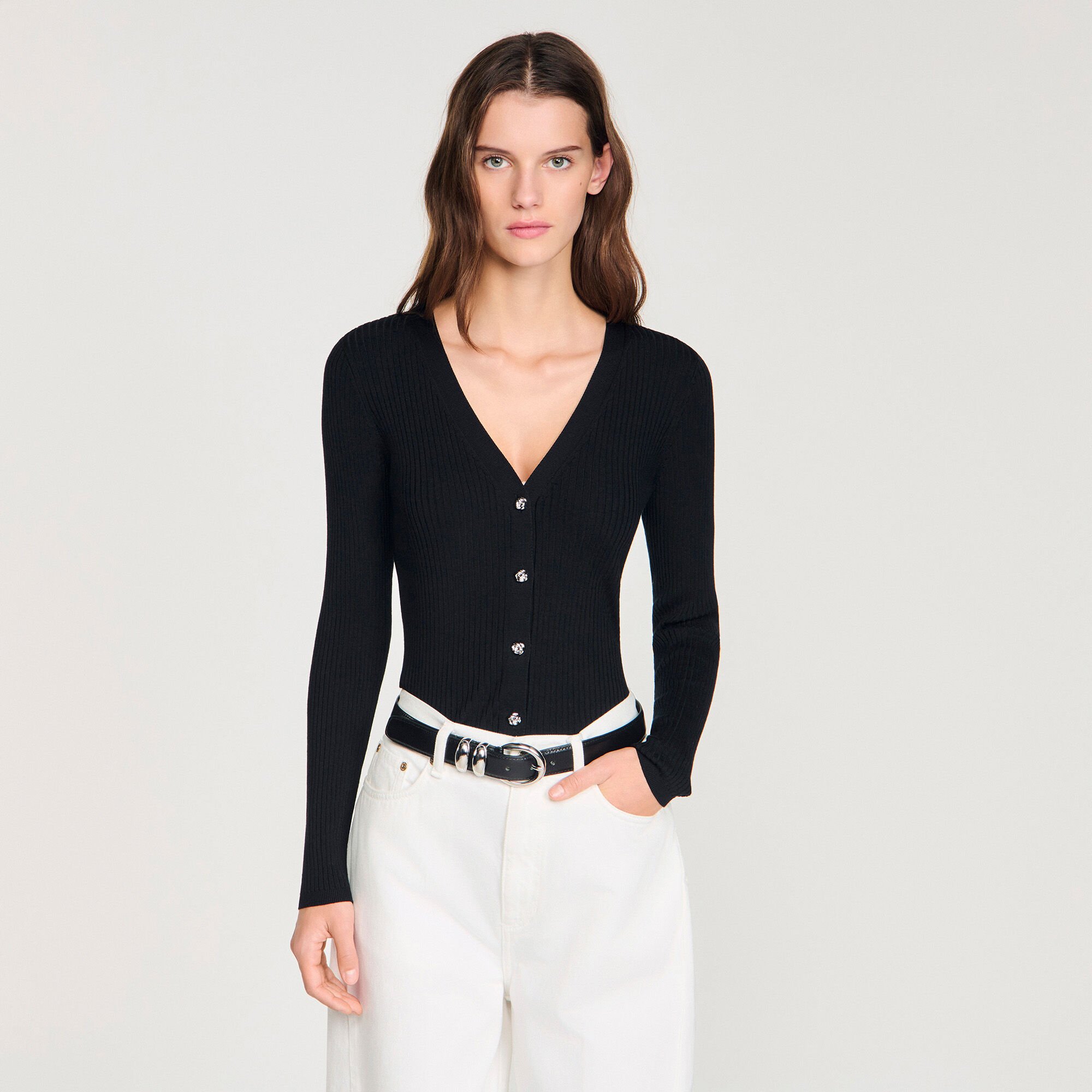 Rippstrick-Cardigan mit Zierknöpfen