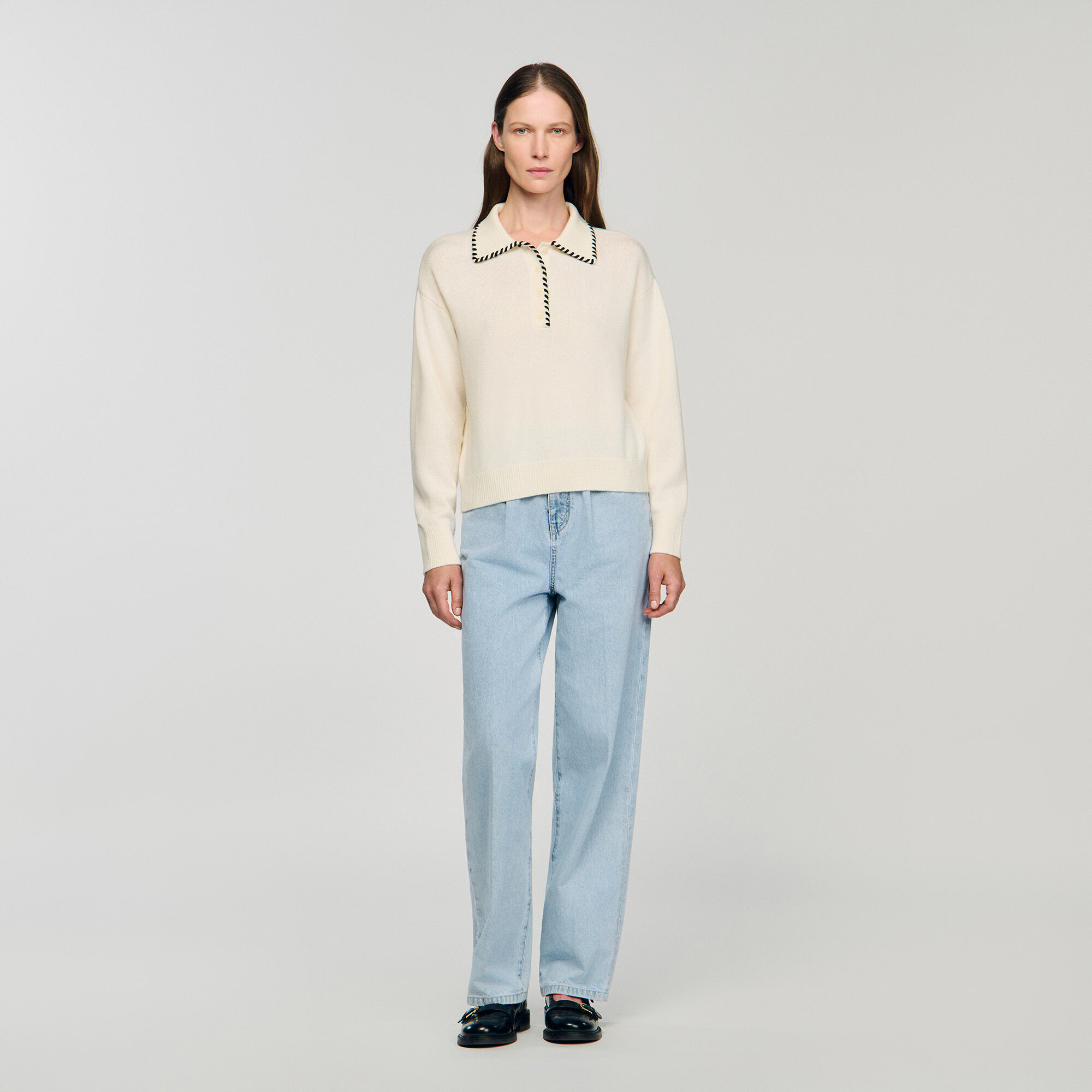 Pull en maille à col polo contrasté