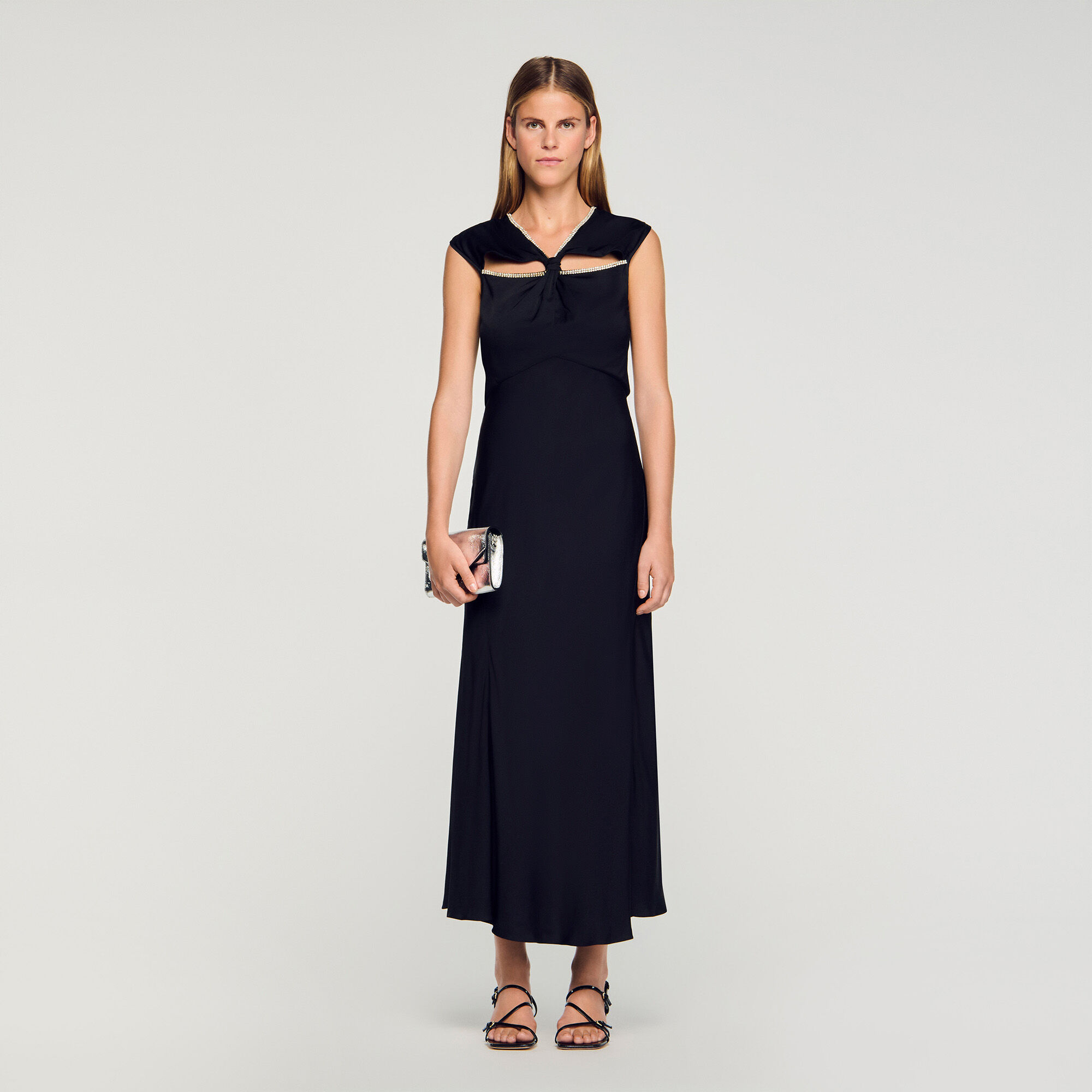 Satin maxi dress with rhinestones