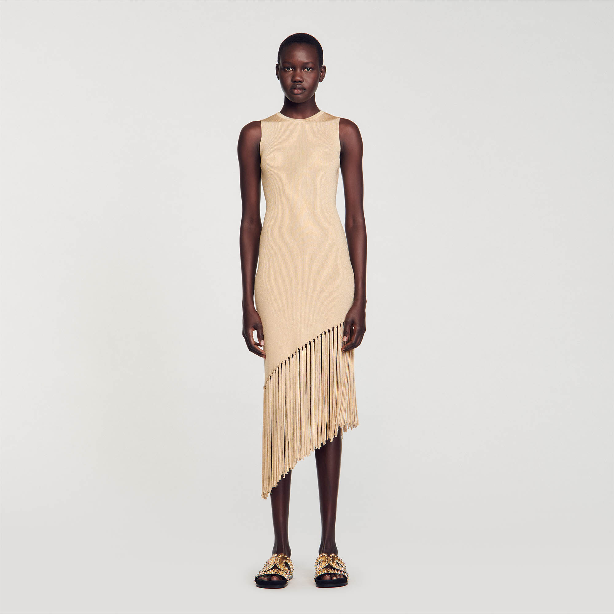 Asymmetrical fringed maxi dress yellow orange For Women Sandro Paris