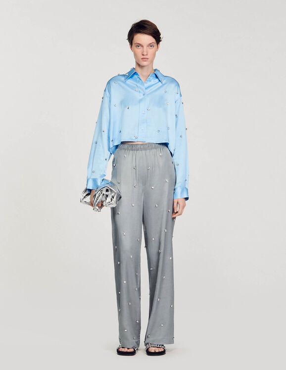 Rhinestone linen trousers Grey Femme