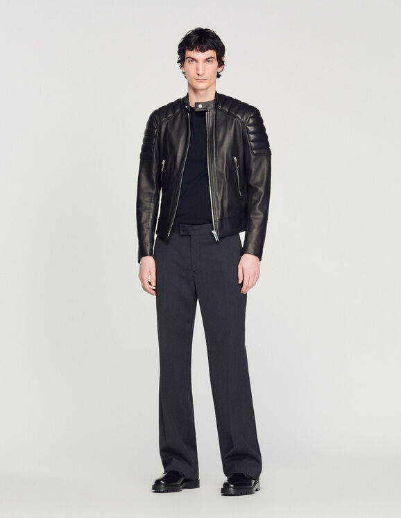 Leather jacket with quilted trims Black Homme