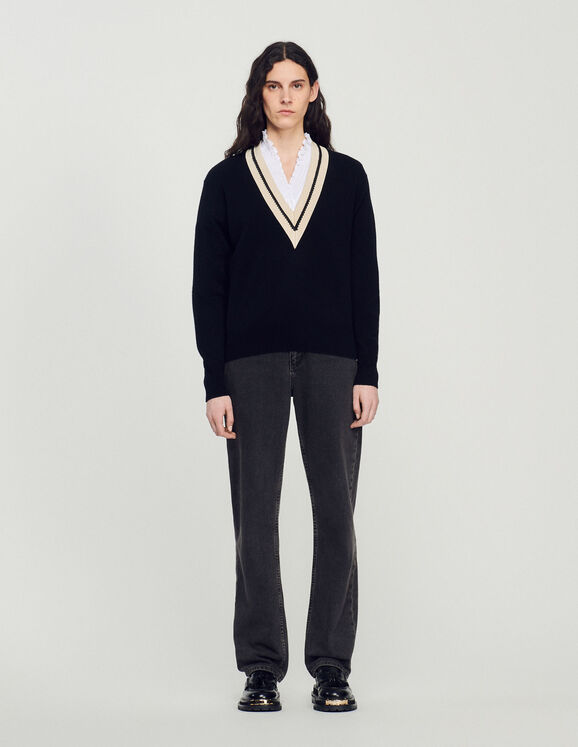 Pullover mit Kontrast-V-Ausschnitt Schwarz Femme