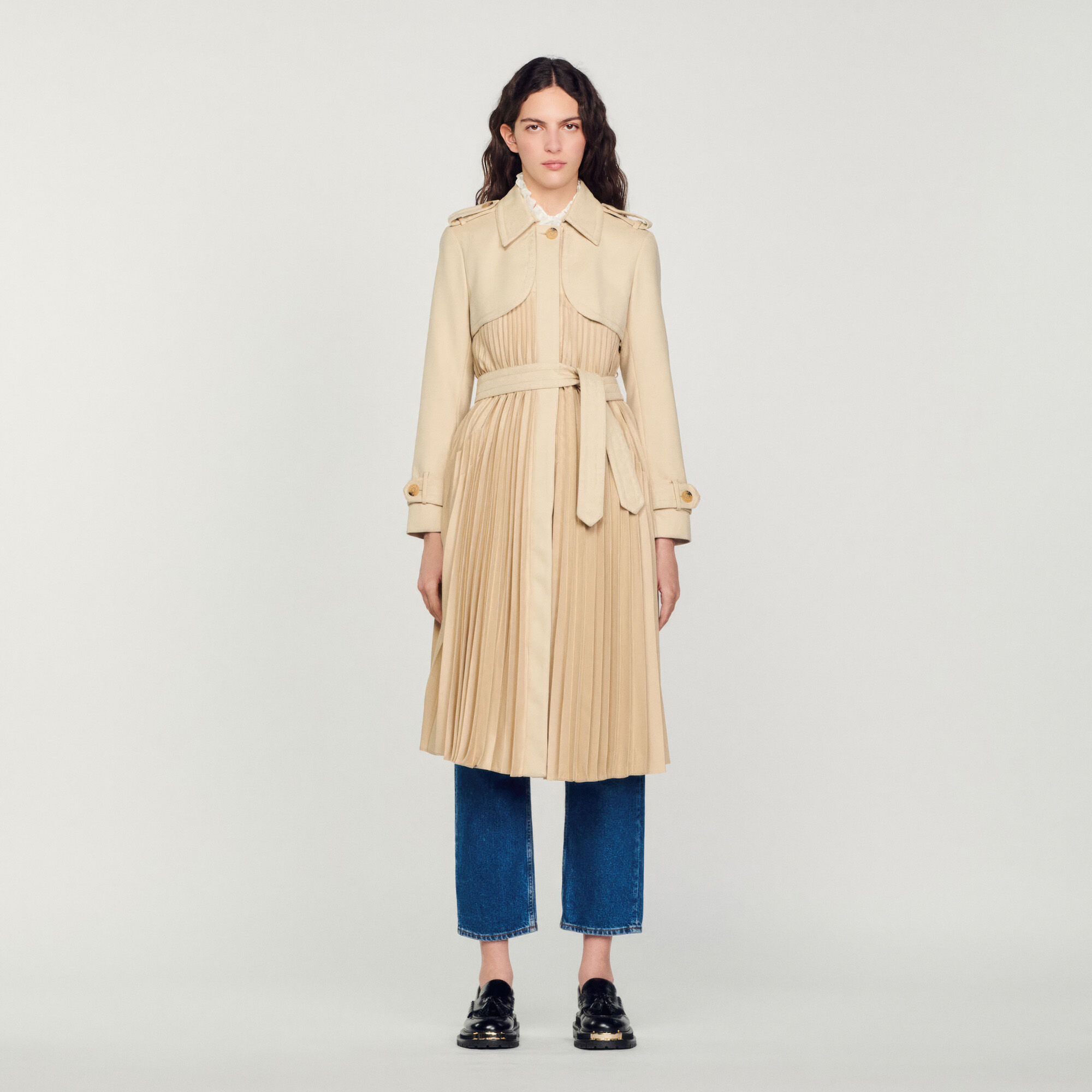 Pleated trench coat with belt SFPOU00241 Coats Sandro Paris