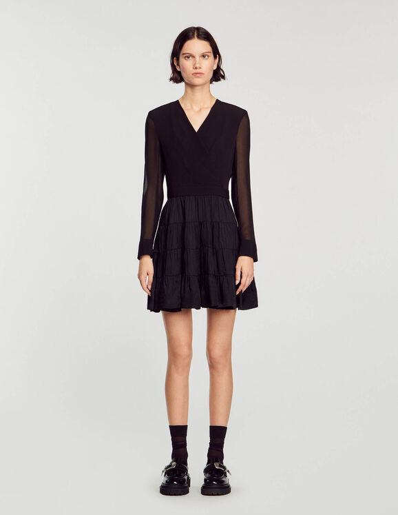 Short flowing dual-fabric dress Black Femme