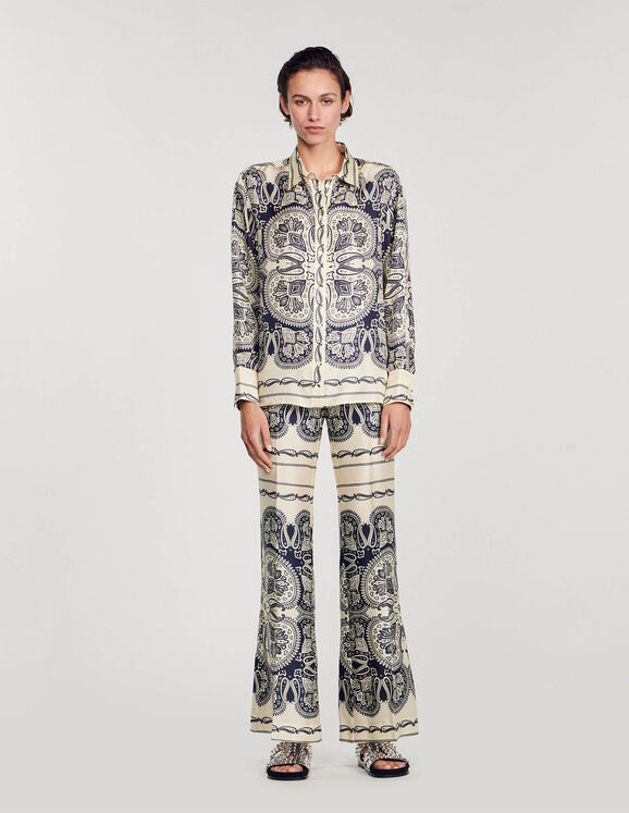 Patterned silk shirt Beige / Navy Femme
