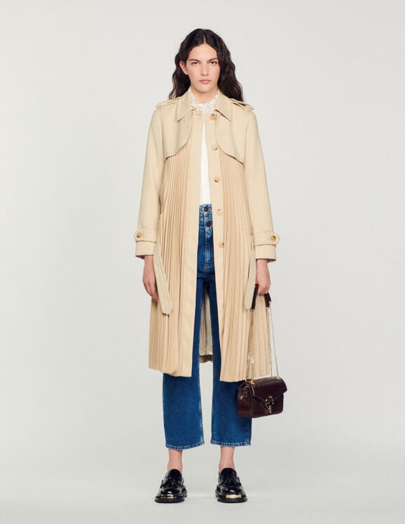 Pleated trench coat with belt Beige Femme