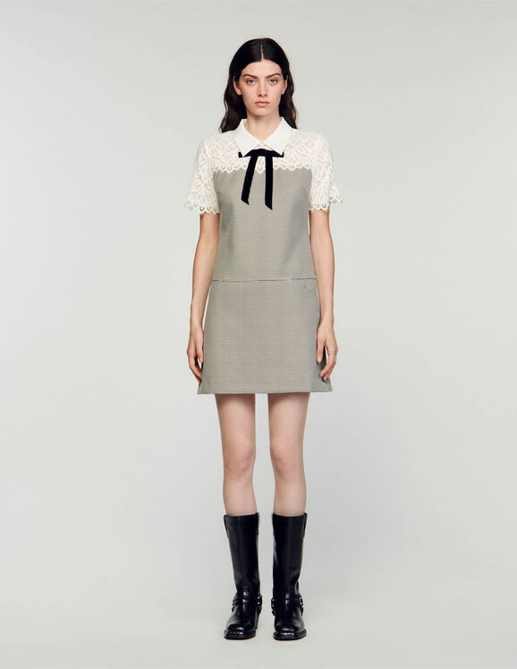 Kurzes Kleid aus Materialmix Noir / Blanc Femme