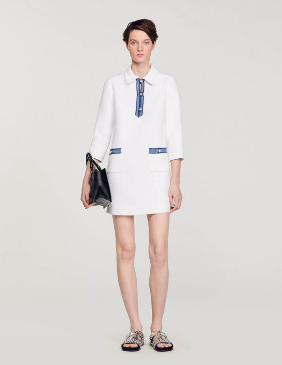 Long-sleeved short tweed dress white Femme