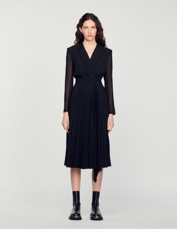 Langärmeliges Kleid aus zwei Materialien Schwarz Femme