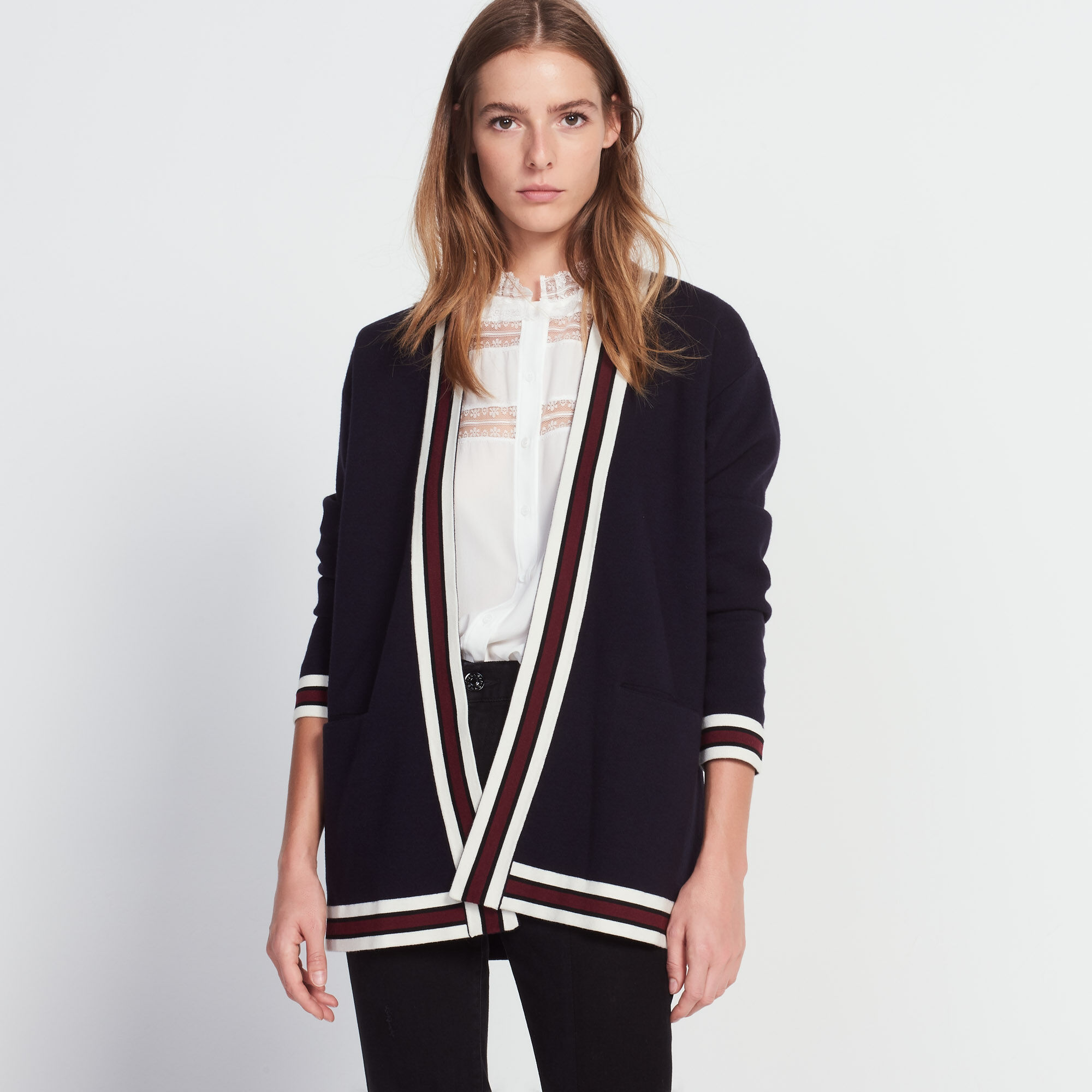 Long cardigan with contrasting bands