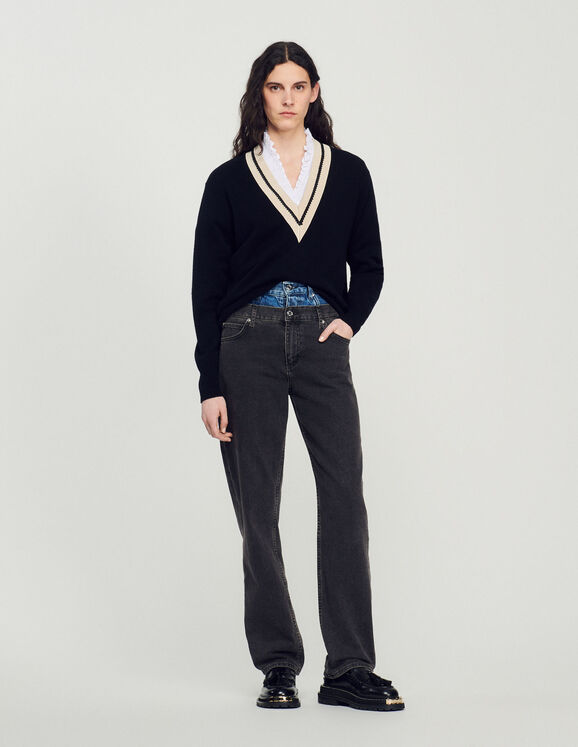 Pullover mit Kontrast-V-Ausschnitt Schwarz Femme