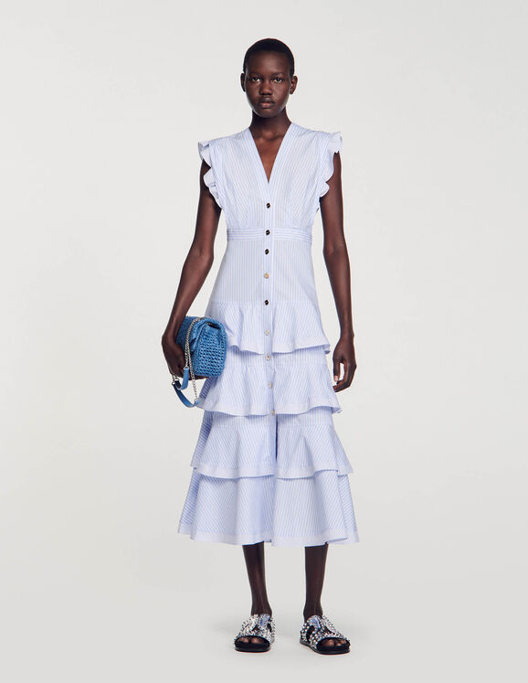 Langes Kleid mit Volants Bleu / Blanc Femme