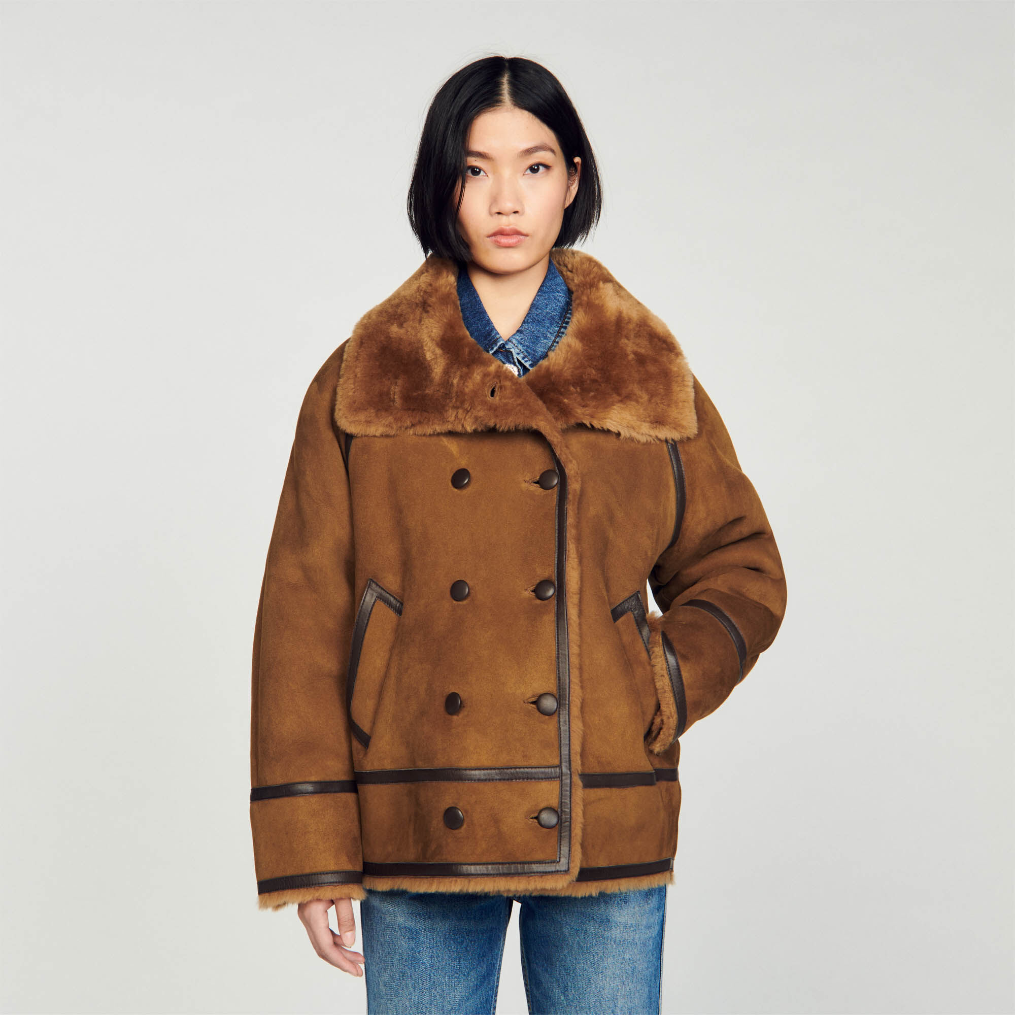 Camel shearling deals coat womens